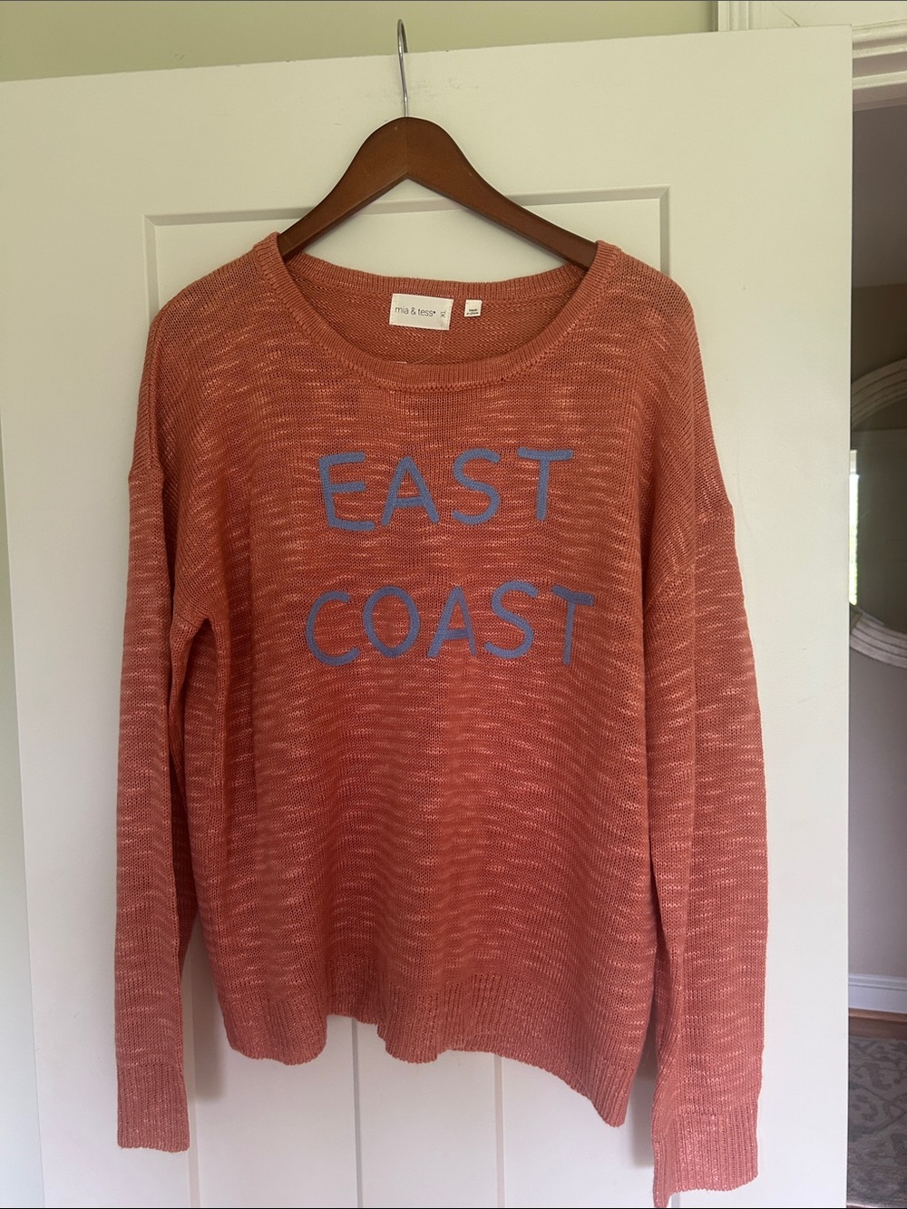 Mia & Tess Coral Crewneck Sweater with Blue EAST COAST Lettering